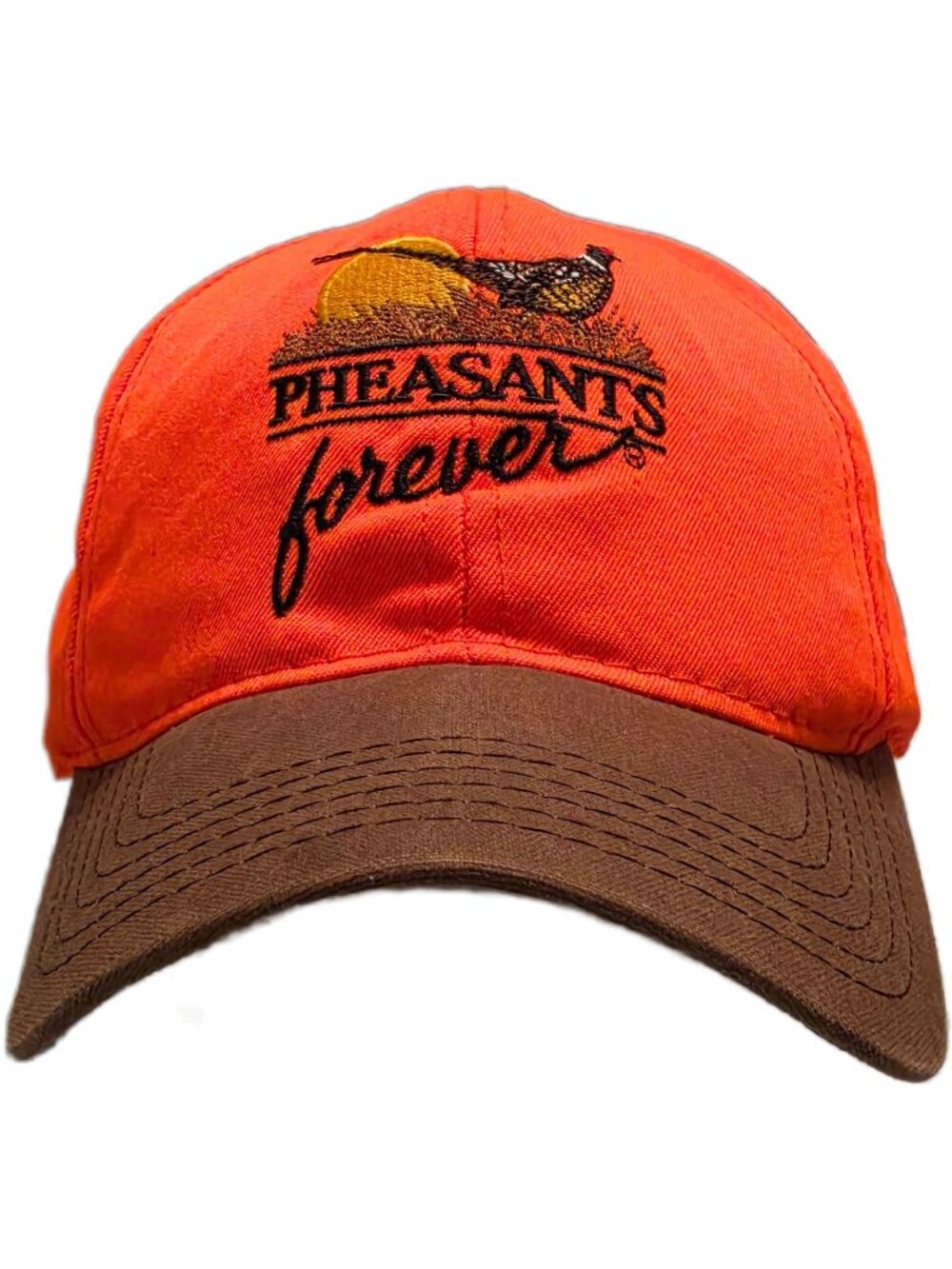 Vtg Pheasants Forever Hunting Hat Orange Brown Canvas Brim Strapback Made in USA